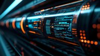 Futuristic technological tunnel with glowing blue and orange lights creating dynamic perspective. Digital data visualization concept for tech backgrounds.