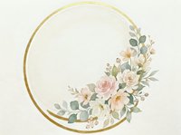 Circular gold frame with soft pink and peach roses, eucalyptus leaves, and botanical elements on isolated white background, ready for wedding invitations, greeting cards, and design projects.