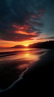 Dramatic orange and red sunset over mountain coastline with waves gently rolling onto dark sandy beach. Moody sky reflects vibrant colors on wet sand and ocean surface.