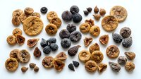 Assorted dried fruits collection including figs, dates, prunes and raisins arranged on white background for healthy snacking and cooking ingredients.