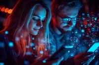 Young professionals using mobile devices in dark environment with futuristic digital interface overlay and neon red and blue lighting effects.