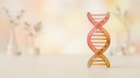 DNA double helix model in red and gold tones on blurred laboratory background. Suitable for genetics, science education, medical research, and biotechnology presentations.