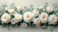Delicate white garden roses arranged in horizontal composition with soft eucalyptus leaves creating romantic floral border on light background.