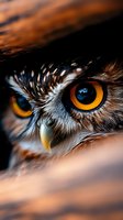 Extreme close-up macro shot of owl eyes with intense amber color and detailed feathers against dark background, showcasing wisdom and natural predator instinct.
