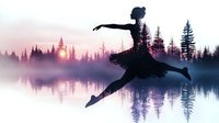 Silhouette of graceful female ballet dancer leaping over misty lake at sunrise, with pine forest reflection creating dreamy double exposure effect in purple tones.