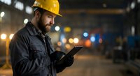 Industrial worker in yellow hard hat using tablet computer in manufacturing facility at night for quality control and production management.