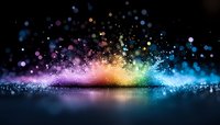 Colorful particle explosion with glowing bokeh lights transitioning from purple and pink to gold and blue, reflected on dark surface. Use for backgrounds, digital art, and creative projects.