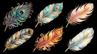 Decorative feathers with ornate patterns, swirls, and vibrant colors isolated on transparent background. Ready for t-shirt designs, clipart, stickers, sublimation, and print-on-demand projects.