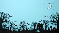 Spooky haunted house silhouette with bare trees, flying bats, crescent moon and jack-o-lanterns against light blue sky. Halloween scene for seasonal designs.