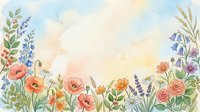 Watercolor wildflower border with colorful blooms, soft pastel sky background, and copy space for text, perfect for greeting cards and invitations.
