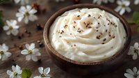 Creamy white whipped dessert topping in rustic wooden bowl sprinkled with dark chocolate shavings, surrounded by delicate spring blossoms on wooden surface.