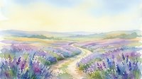 Watercolor painting of lavender fields with winding dirt path through purple blooms, rolling hills and soft sky background for home decor and wall art.