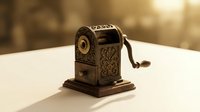Vintage brass pencil sharpener with ornate decorative details and manual crank mechanism on white surface with blurred background.