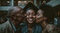 Young African American female graduate in cap being kissed on cheeks by proud grandparents during celebration, expressing family love and academic achievement.