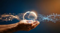 Hands holding glowing globe with digital network connections and data flow visualization representing global communication, technology innovation, and worldwide business connectivity.