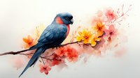 Watercolor parrot perched on branch with orange and pink cherry blossoms, artistic nature illustration in soft pastel colors against light background.