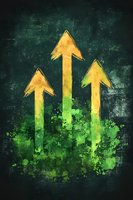 Three upward arrows in yellow and green gradient on dark grunge textured background symbolizing growth, progress and success for business presentations.
