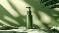 Green cosmetic pump bottle on white fabric with tropical leaf shadows creating minimal aesthetic composition for skincare and beauty product presentation.