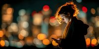 Young woman using smartphone at night with city lights bokeh background creating warm atmospheric glow for technology and urban lifestyle concepts.