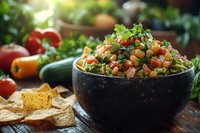 Fresh chickpea salad with tomatoes, corn, herbs in black bowl served with tortilla chips on rustic wooden table, surrounded by vegetables and ingredients.