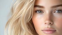 Close up portrait of young blonde woman with natural freckles, blue eyes, and glowing skin against light background, showcasing natural beauty and minimal makeup.