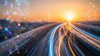 Futuristic highway with glowing light trails and digital network connections at sunset creating dynamic transportation technology concept.