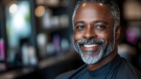 Smiling mature African American man with gray beard in casual dark shirt against blurred restaurant or cafe background for lifestyle and hospitality concepts.