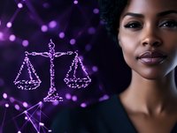 Young African American woman next to glowing purple scales of justice symbol on dark background with bokeh lights and network connections. Legal concept.