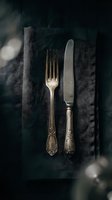 Vintage silverware fork and knife with ornate handles arranged on dark linen napkin, moody lighting for fine dining, restaurant, or table setting design projects.