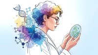 Female scientist with colorful hair examining petri dish with molecular structures and DNA helix floating around her head in laboratory setting.