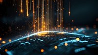 Glowing digital grid surface with falling golden light streaks and particles creating futuristic technology landscape against dark background.