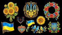 Ukrainian clipart set with sunflowers, coat of arms, floral wreath, flag, birds, and embroidery ornaments, isolated on transparent background, ready for stickers and print on demand.