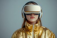Young woman wearing VR headset and golden jacket exploring virtual reality technology for gaming and digital entertainment experiences.