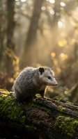 Virginia opossum sitting on mossy log in golden sunlit forest with warm bokeh light filtering through trees creating magical woodland atmosphere.