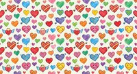 Colorful heart pattern with various decorative designs on white background. Seamless repeating texture for romantic themes, Valentine's Day projects, love-themed designs.