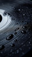 Water drops on black vinyl record surface creating artistic macro photography effect with grooves and reflections in monochromatic style.