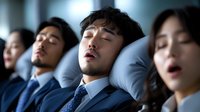 Asian business professionals sleeping during long commute or flight, using neck pillows for comfort. Exhausted workers resting while traveling in formal attire.
