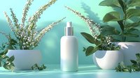 White cosmetic bottle with spray dispenser surrounded by fresh green plants and white flowers in ceramic pots against turquoise background. Suitable for beauty product advertising.