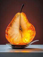 Sliced pear with translucent golden flesh and stem on dark background, suitable for food photography, culinary design, and healthy eating concepts.