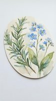 Watercolor botanical illustration featuring delicate blue forget-me-not flowers and green rosemary sprigs on cream oval background. Suitable for botanical art, wellness, and nature-themed designs.