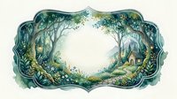 Enchanted forest clearing with mystical trees and foliage in ornate decorative frame, isolated on transparent background for fantasy design projects.
