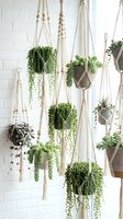 Macrame plant hangers with trailing green plants against white brick wall creating bohemian indoor garden display for home decor and interior design.