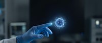 Medical professional in blue gloves pointing at glowing coronavirus molecule in laboratory setting for healthcare research and virus study concepts.