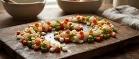 Fresh diced vegetables including carrots, peas, onions and herbs scattered on rustic wooden cutting board in warm kitchen setting for cooking preparation.