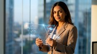 Professional businesswoman using futuristic holographic technology interface in modern office environment for digital innovation and corporate solutions.
