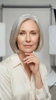 Mature woman with gray hair wearing cream button-up shirt, hand near chin in thoughtful pose, studio portrait with neutral background and professional lighting setup.