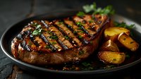 Juicy grilled ribeye steak with golden roasted potatoes and fresh herbs served on black plate, perfect for restaurant menu, food photography or cooking blog.