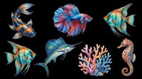 Colorful aquatic creatures collection featuring koi fish, betta fish, tropical fish, marlin, coral, and seahorse isolated on transparent background. Ready for t-shirt design, clipart, stickers, sublimation, and print-on-demand projects.