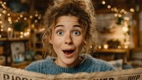 Young woman with curly hair showing shocked surprised expression while reading newspaper in cozy cafe with warm bokeh lights background.