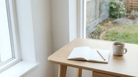 Cozy workspace with open notebook and coffee mug on wooden table by window overlooking garden. Minimalist home office setup for productivity and inspiration.
